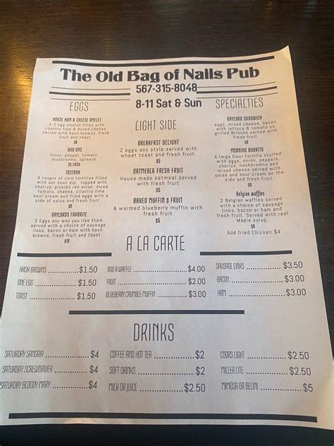 the old bag of nails menu.